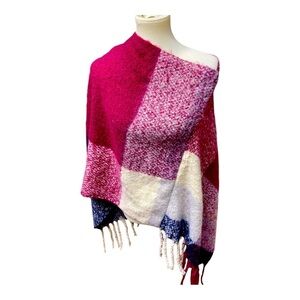 Tahari Super Soft Fringed Plaid Poncho O/S Womens Multicolor Shawl Layering